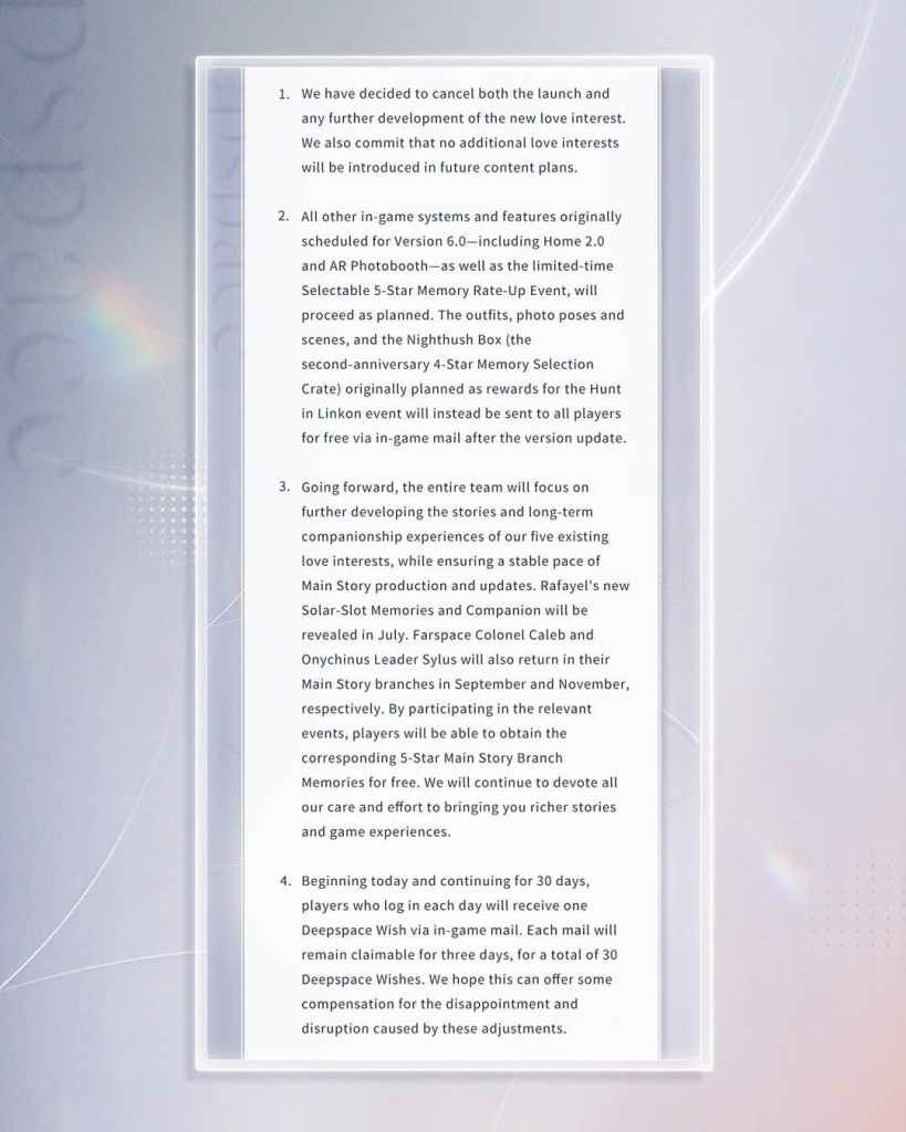 Infold Issues Multiple Statements around Love and Deepspace’s 6th Love Interest