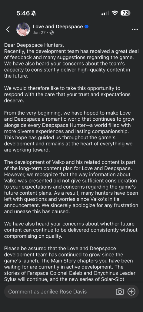 Infold Paper Games Love and Deepspace social media tries to reassure users only to flip flop and cancel a 6th love interest causing concerns about overcorrection and rash decisions that negatively impact all other love interests.