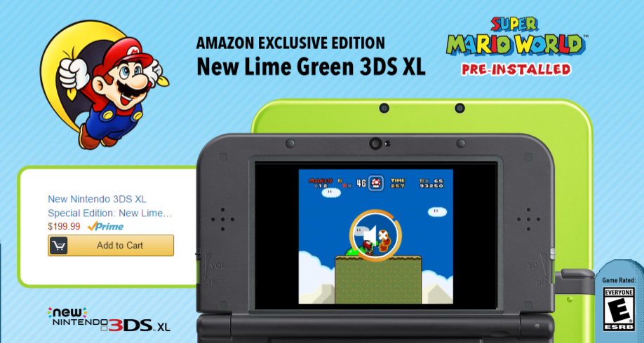New Amazon Exclusive Lime Green Nintendo 3DS XL with Super Mario World Preinstalled for $199.00